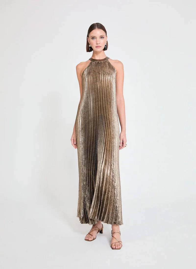 لولا كساديمونت Gold Pleated Halter Dress
